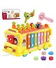 PLUSPOINT School Bus Activity Toy for Kids Multifunctional Pull-Along Bus with Gears, Teaching Clock, Fishing Game Color Matching Shape Puzzles Whack-a-mole Toddler Musical Toy