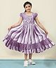 Fashion Dream Cotton Blend Half Puffed Sleeves Floral Applique Detailed Striped Dress - Purple