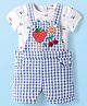 Babyhug Single Jersey Knit Half Sleeves Inner Top & Dungaree with Checks & Cherry Print - White & Blue