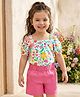 Babyhug Single Jersey Knit Cold Shoulder Sleeves Top & Woven Stretch Twill Shorts Set With Floral Print - White & Pink