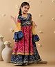 Pspeaches Cotton Half Sleeves Bandhani Printed & Lace Embellished Lehenga Choli With Dupatta Set - Navy Blue & Magenta