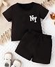 Bolly Lounge Cotton Blend Half Sleeves NY Text Printed Tee & Shorts Set - Black