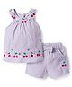 Babyhug Cotton Woven Sleeveless Striped Halter Neck Top & Shorts Set with Bow Applique & Tropical Theme Embroidery - Lavender