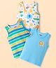 Babyhug 100% Cotton Antibacterial Sando With Stripes & Animal Print Pack Of 3 - Light Blue Yellow & Turquoise