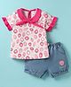 WOW Clothes Sinker Knit Half Sleeves Top & Shorts Set with Strawberry Print & Patch Detailing - Dark Pink