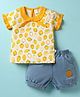 WOW Clothes Sinker Knit Half Sleeves Top & Shorts Set with Strawberry Print & Patch Detailing - Yellow