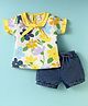 WOW Clothes Sinker Knit Half Sleeves Top & Denim Shorts Set With Floral Print - Yellow & White