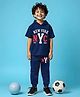 Trampoline Cotton Blend Half Sleeves New York Text Printed Hooded Tee With Coordinating Track Pants Set - Blue