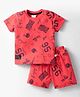 Mini Donuts Cotton Knit Half Sleeves Shorts Co-Ord Night Suit with Sports Theme Text Print - Dark Pink