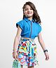 Ollington St.Cotton Short Sleeves Front Open Top & Printed Skirt Set - Blue & Multicolor