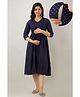 CeleBravo Rayon Three Fourth Sleeves Foil Ethnic Motifs Printed Maternity Dress With Nursing Access - Blue