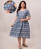 CeleBravo Pure Cotton Half Sleeves Ikat Printed Maternity Dress With Nursing Access - Blue