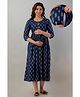 CeleBravo Rayon Three Fourth Sleeves Paisley Foil Motifs Printed Maternity Dress With Nursing Access - Blue