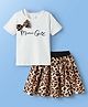 Mark & Mia Woven Half Sleeves Top & Skirt Set With Leopard Print & Bow Applique - White