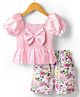 Mark & Mia Knit Half Sleeves Top & Shorts Set With Floral Print & Bow Applique - Pink