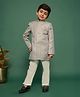 Vastramay Silk Blend Full Sleeves Abstract Textured & Stones Embellished Sherwani & Pant Set - Silver