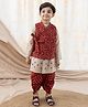 Tiber Taber 100% Cotton Full Sleeves Floral Printed Dhoti Kurta With Jacket Set - Maroon