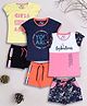 3PIN Cotton Knit Pack of 3 Half Sleeves Girls Rock Again & You Are Amazing Text Printed Tops & Shorts Set - Yellow Pink & Navy Blue