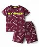 Kookie Kids Single Jersey Knit Half Sleeves Shorts Co-Ord Night Suit With Space Print - Maroon