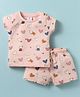 Ollypop Sinker Knit Half Sleeves Shorts Co-Ord Night Suit With Cat & Heart Print - Baby Pink