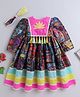TINY MINY MEE Silk Full Puffed Sleeves Floral Printed Mirror Work & Tessels Embellished Dress With Headband - Multi Colour