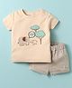 Ollypop Interlock Knit Half Sleeves T-Shirt & Short Set With Elephant Patch & Text Embroidery - Peach