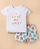 First Smile Interlock Knit Half Sleeves T-Shirt and Shorts Set with Teddy & I love My Family Text Print - White & Light Blue