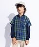 Taffykids Twill Full Sleeves Checked Shirt With Attached Hoodie - Navy Blue & Green