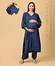 The Mom Store Cotton Three Fourth Sleeves Abstract Printed Maternity Kurta & Pant Set With Nursing Access - Navy Blue