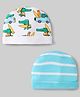 Babyhug 100% Cotton Interlock Knit Caps With Vehicle & Stripes Print Pack Of 2 Light Blue & White - Diameter 15.5 cm