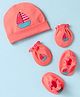 Ben Benny 100% Cotton Knit Cap Mitten & Booties Set With Boat Print Red - Diameter 9 cm