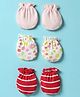 Ben Benny 100% Cotton Knit Mittens with Floral Print & Stripe Design Pack of 3 - Red Pink & White