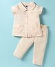 Teddy Cotton Knit Front Open Half Sleeves Co-ords Night Suit With Cat Print - Beige