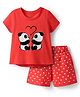 Kookie Kids Knit Half Sleeves Shorts Night Suit With Panda & Heart Print - Red