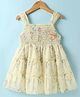 Dew Drops Chiffon Woven Sleeveless Tiered Frock with Floral Print & Smocking - Yellow