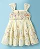 Dew Drops Chiffon Woven Sleeveless Tiered Frock with Floral Print & Smocking - Yellow