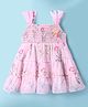 Dew Drops Chiffon Woven Sleeveless Tiered Frock with Floral Print & Smocking - Pink