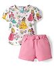 Babyoye Disney Single Jersey Knit Half Sleeves T-Shirt & Shorts Set With Princess Print & Bow Applique - White & Pink