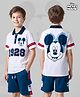 Ollington St. Disney Single Jersey Knit Oversize Drop Shoulder Half Sleeves Polo T-Shirt and Shorts Set with Front and Back Mickey Mouse Graphics - White & Navy Blue
