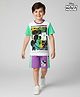 Ollington St. Disney Single Jersey Knit Half Sleeve T-shirt & Shorts With Mickey Mouse Graphics - Purple & Green
