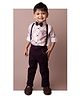 LITTLE COLLARS Full Sleeves Leaves Printed Shirt & Trousers With Suspender & Bow Set - Wine