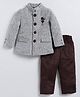 LITTLE COLLARS Velvet Suede Full Sleeves Abstract Embroidered Coat & Trouser Set - Coffee