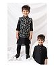 LITTLE COLLARS Blended Full Sleeves Solid Kurta Pyjama With Floral Embroidered Nehru Jacket - Black