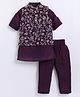LITTLE COLLARS Blended Full Sleeves Solid Kurta Pyjama With Floral Embroidered Nehru Jacket - Wine