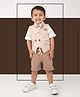 LITTLE COLLARS Super Soft Cotton Blended Half Sleeves Striped Shirt With Textured Jacquard Waistcoat Shorts & Bow Set - Khaki