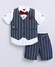 LITTLE COLLARS Super Soft Half Sleeves Solid Shirt With Striped Waistcoat Shorts & Bow Set - Navy Blue