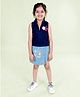 Kiddopanti Cotton Sleeveless Cherry Sequin Patch Detailed Polo Tee With Denim Skort Set - Navy & Light Blue