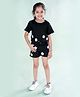 Kiddopanti Cotton Half Sleeves Crochet Floral Embroidered Tee With Denim Shorts Set - Black
