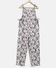 Tales & Stories Rayon Sleeveless Leaves Printed Dungaree - Beige