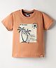 Teddy Sinker Knit Half Sleeves T-Shirt with Beach Theme Print - Light Brown